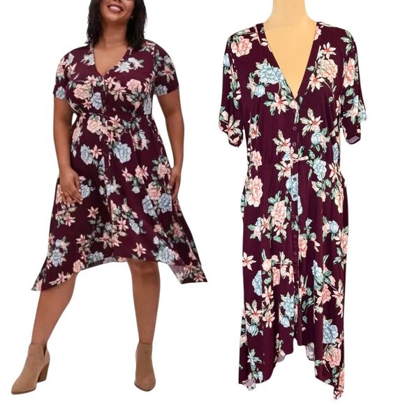 Torrid Floral Shirt Midi Dress Sz.XL Burgundy Button Front Short Sleeve Flowy - Picture 1 of 13